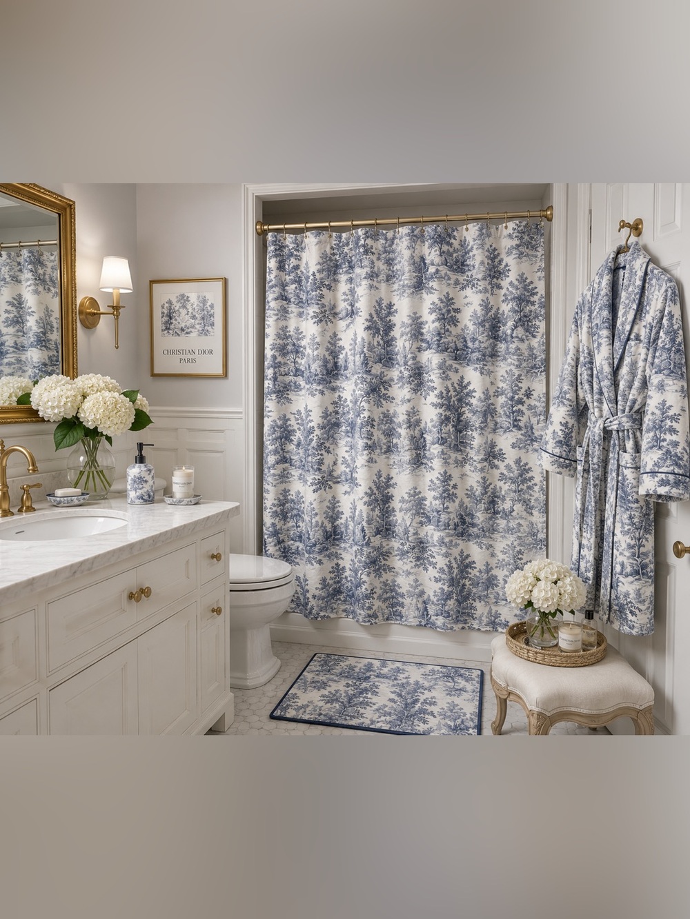 Blue White Toile Shower Curtain French Country Farmhouse Cottage Bathroom Fabric